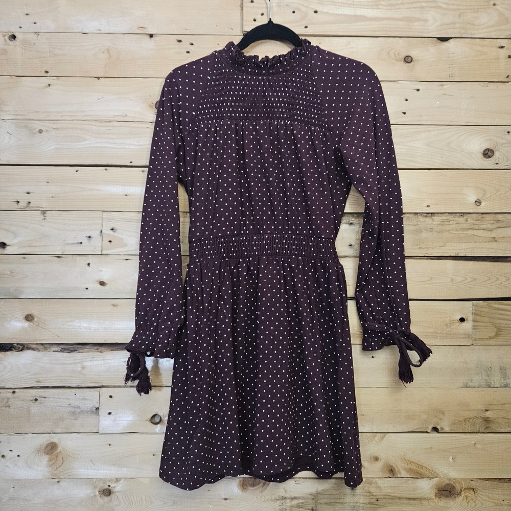 Topshop Womens Burgundy Polka Dot Smocked Mock Neck Mini Dress Size 4